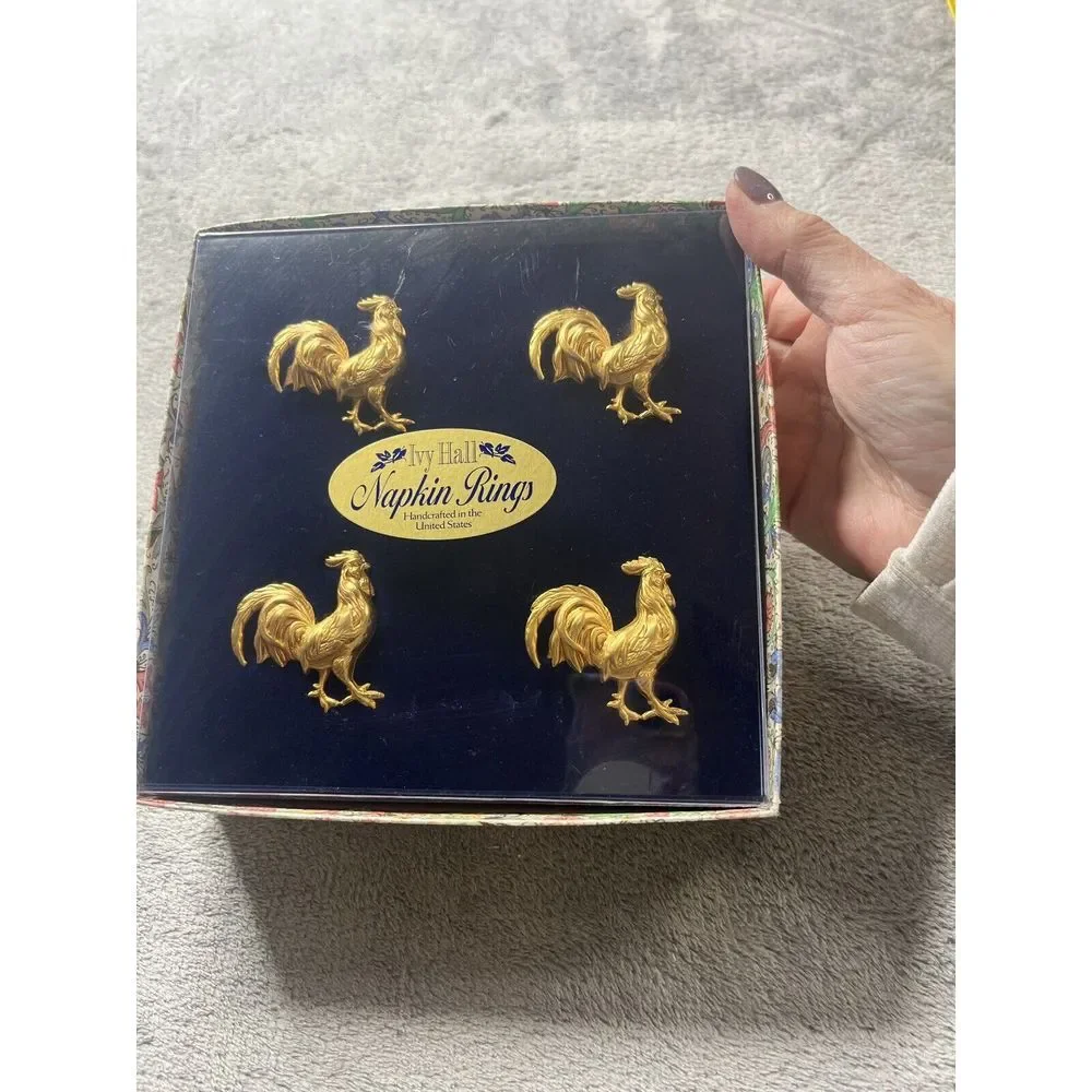 Ivy Hall Napkin Rings Set of 4 Gold Rooster Handcrafted‎ USA Farmhouse Decor